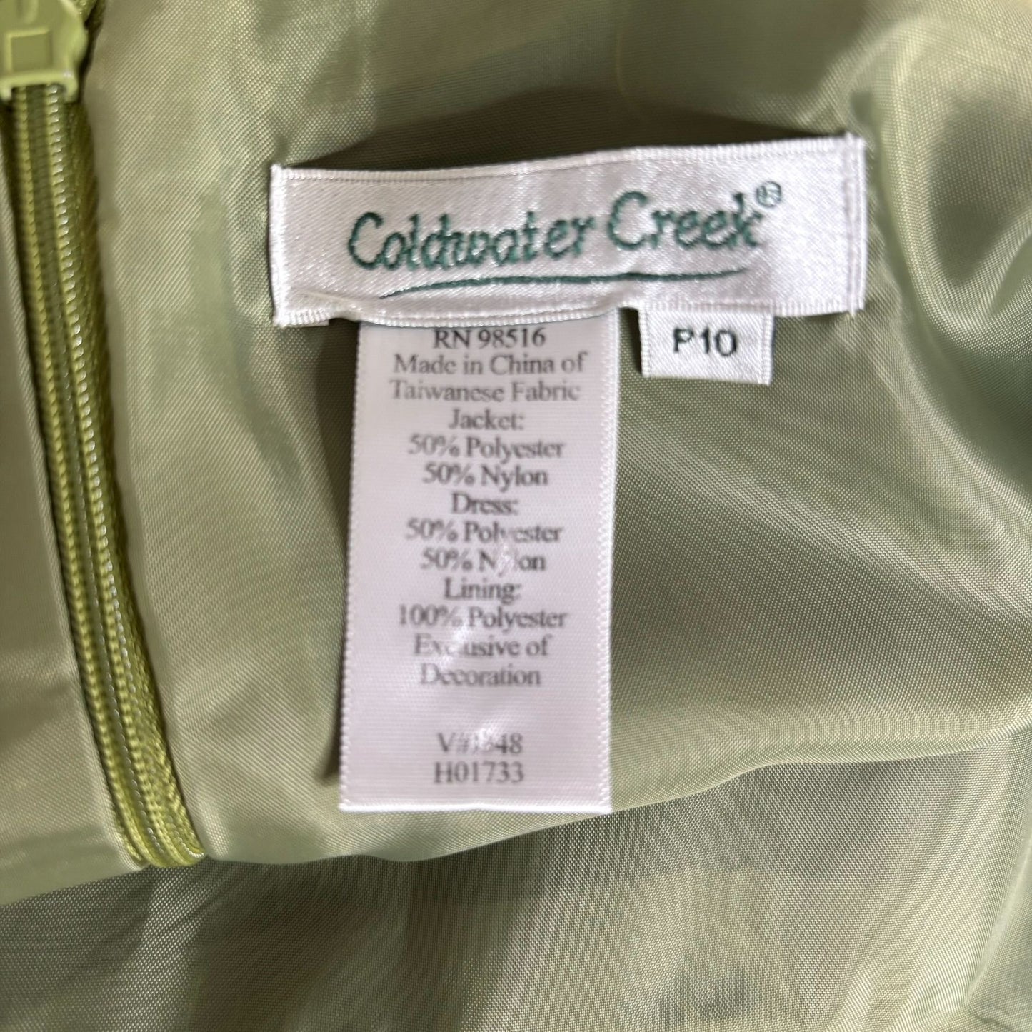 Coldwater Creek Two Piece Green Brocade Dress Jacket Set Petite 10 Green Beaded
