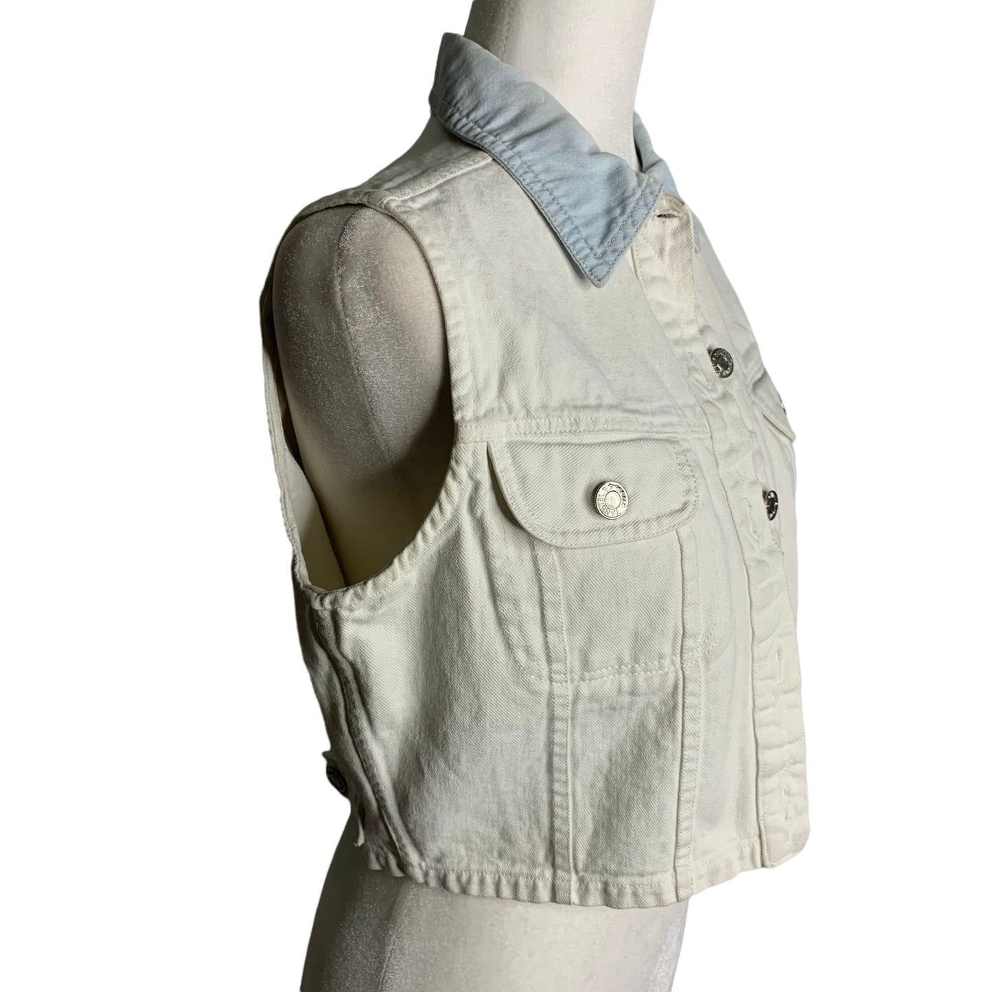 Vintage 90s Tangibles Denim Vest M White Button Up Pockets Cropped Cotton