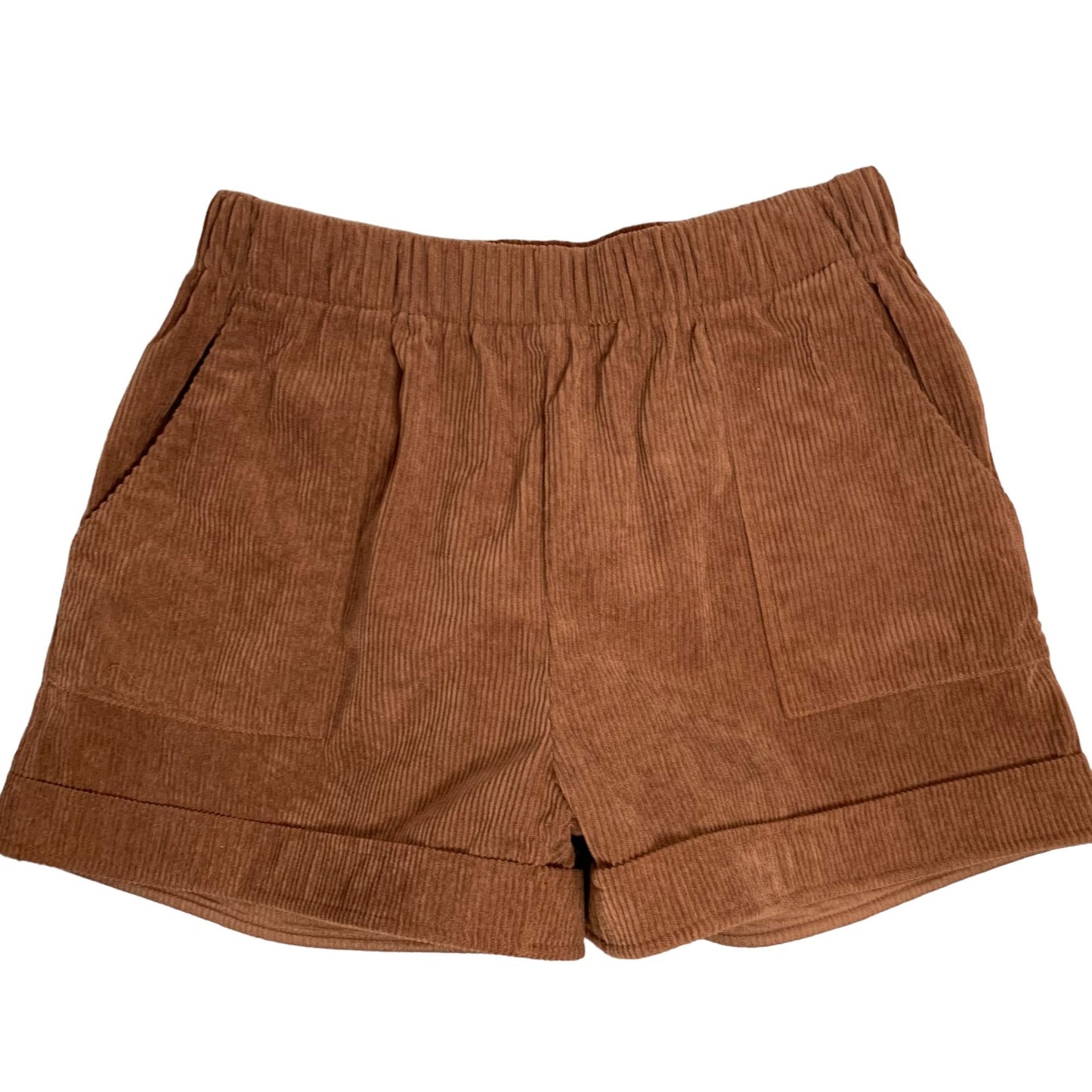 Retro Corduroy High Rise Shorts XL Brown Elastic Waist Large Pockets Cuffed