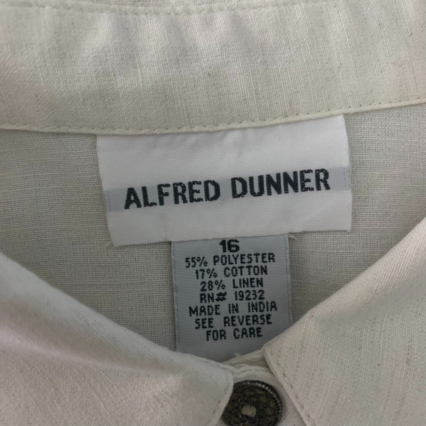 Vintage Alfred Dunner Embroidered Shirt 16 Cream Linen Animals Roll Tab Sleeves