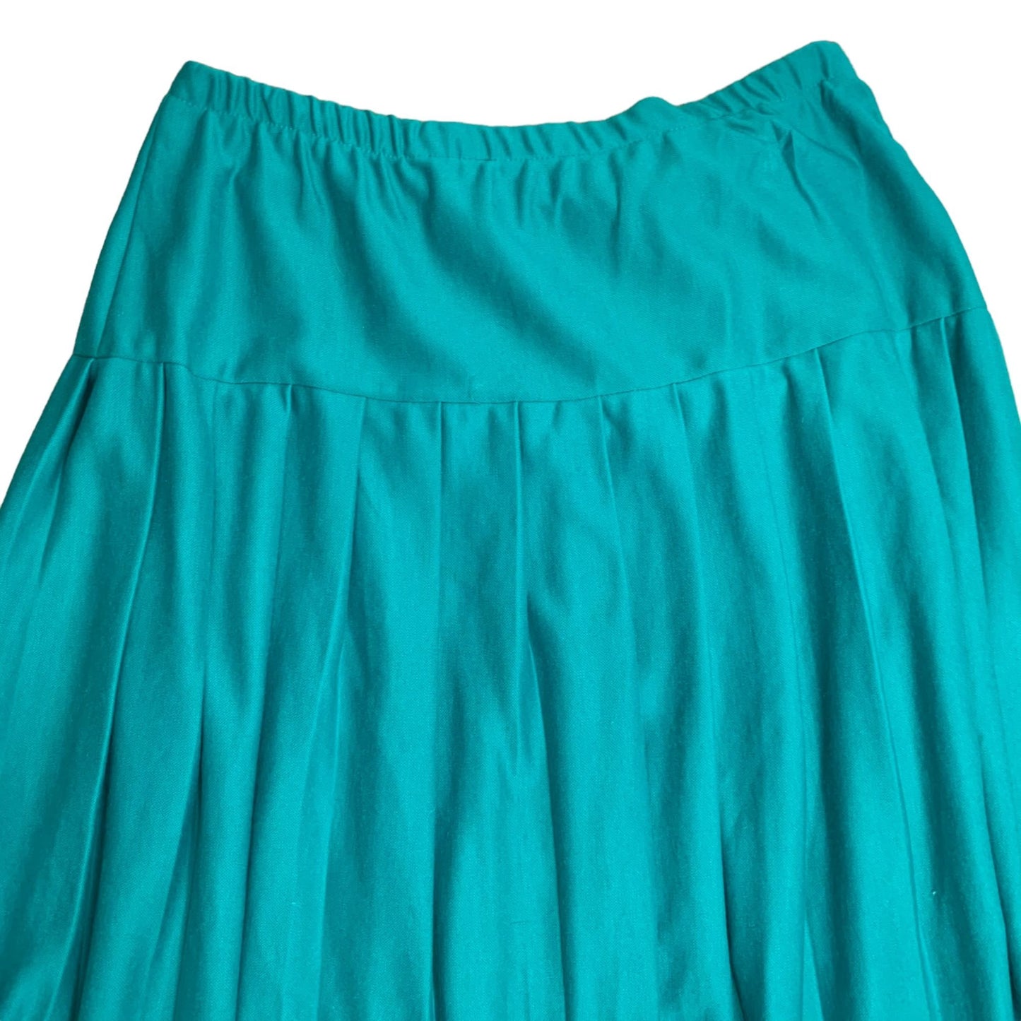 Vintage 80s Pull On Midi Skirt XL Turquoise Blue Pleated Elastic Waist USA