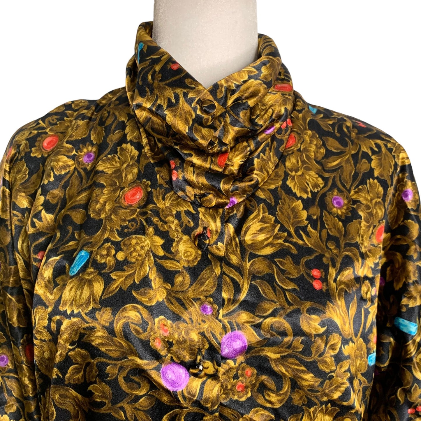 Vintage 80s Baroque Button Up Shirt M Black Gold Silky High Neck Long Sleeves