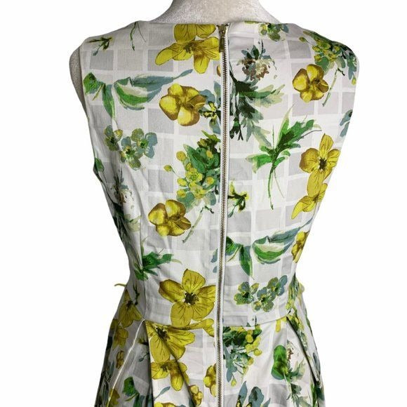 Julian Taylor Pleated Sleeveless Dress 8 White Floral Split V Zip Lined Pockets