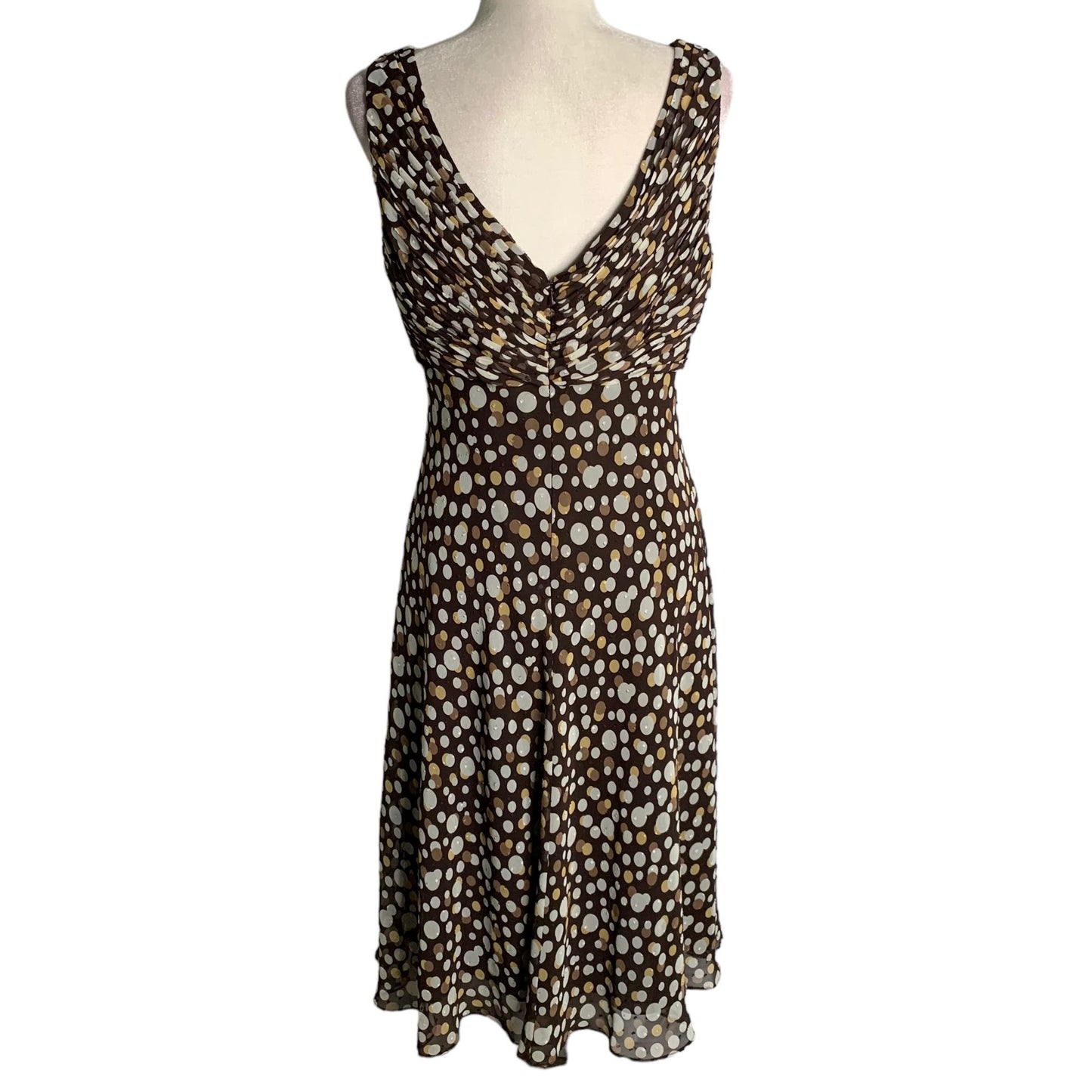 Adrianna Papell Sleeveless Chiffon Dress 12 Brown Polka Dot Lined Pleated Zip