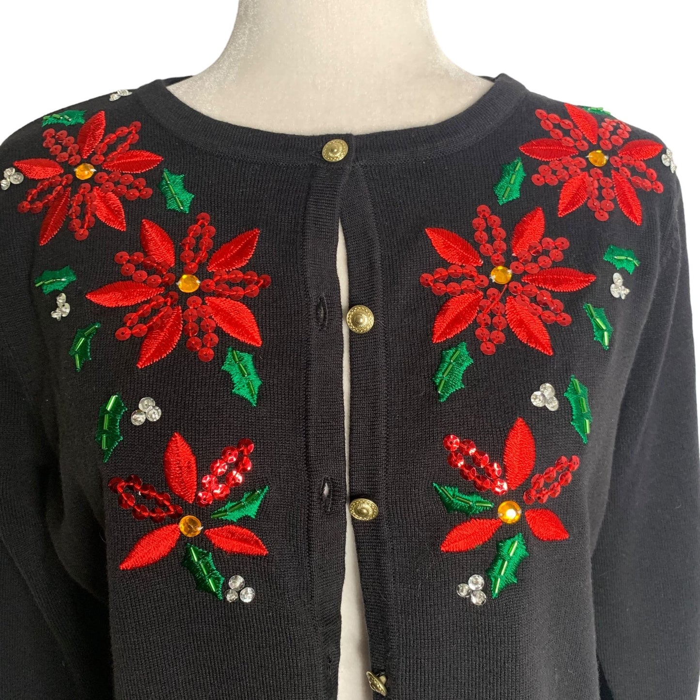 Classic Elements Holiday Poinsettia Cardigan Sweater MP Black Sequin Button Up