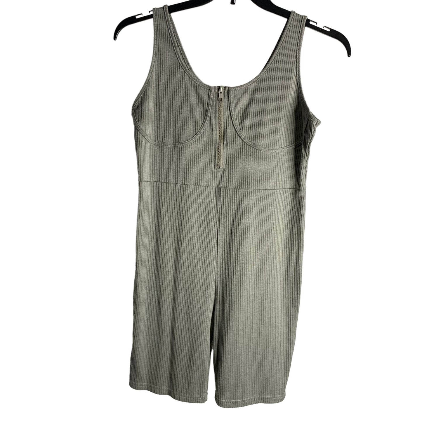 Shein Bodysuit Shorts Romper L Grey Sleeveless Zipper Ribbed Cotton Athleisure