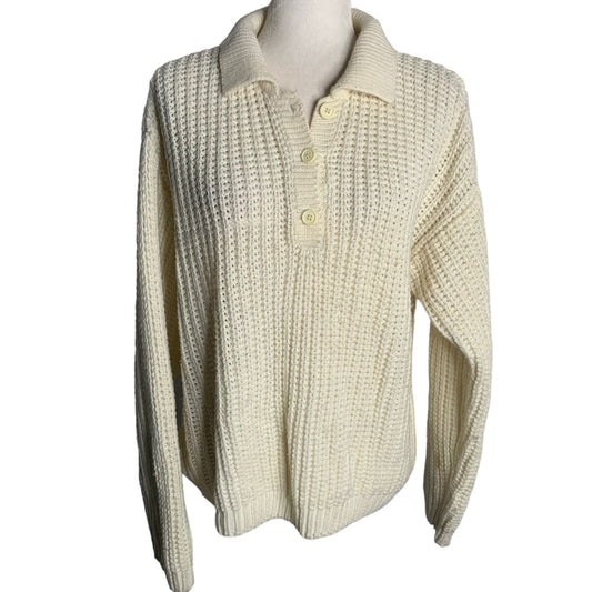 Vintage 90s Oversized Loose Knit Sweater S Cream Buttons Collar Pullover Slouchy