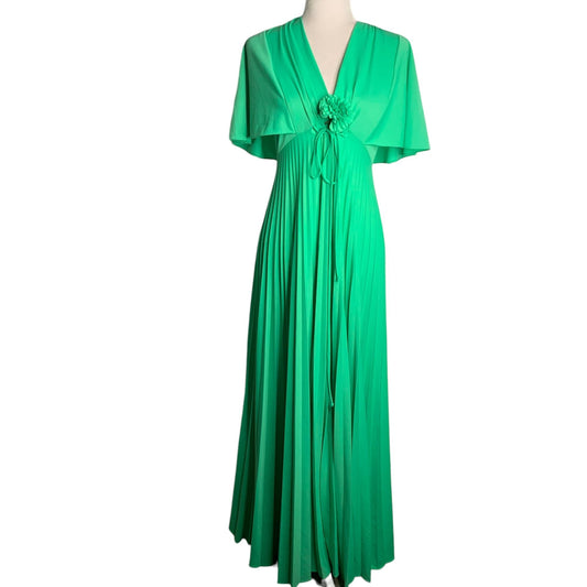 Vintage 70s Accordion Pleat Maxi Dress S Green Flutter Sleeve Adjustable Waist