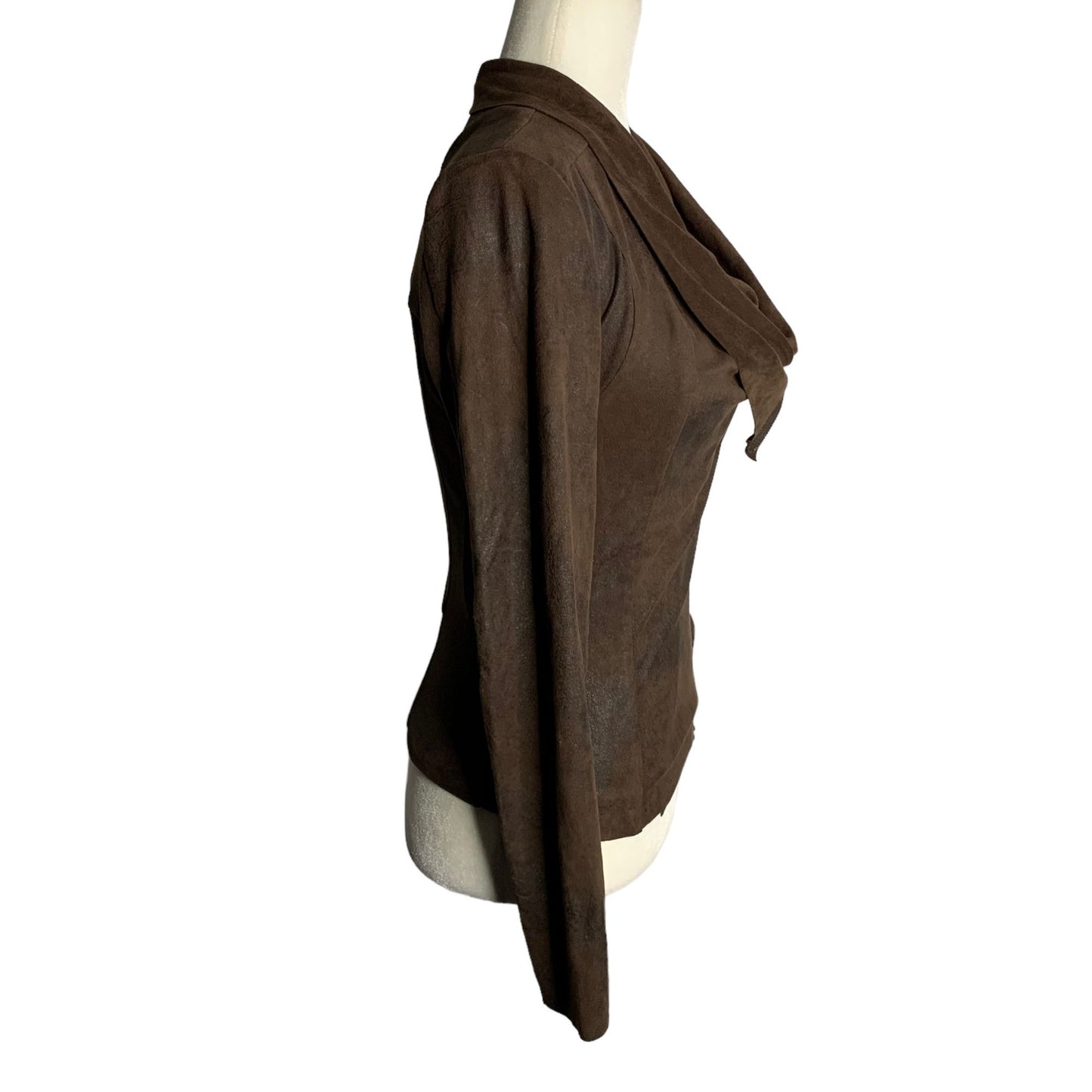 BNCI Faux Leather Cowl Neck Shirt XS Brown Long Sleeves Asymmetrical Zipper