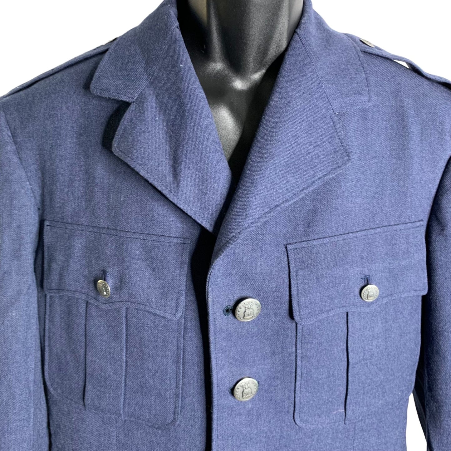 Vintage 50s US Air Force Wool Coat 40L Serge Blue Lined Buttons Pockets Patches