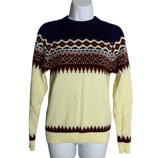 Vintage 90s Fair Isle Ski Sweater S Cream Knit Pullover Crewnwck Long Sleeves