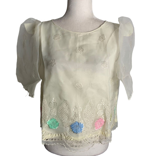 Vintage Sheer Embroidered Blouse Medium Cream Puff Sleeves Colorful Floral