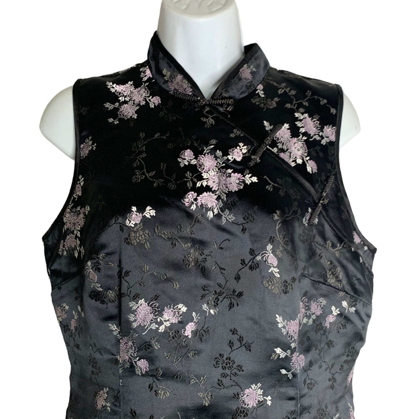 Vintage 90s Robbie Bee Qipao Cheongsam Dress 10 Black Floral Maxi Frog Buttons