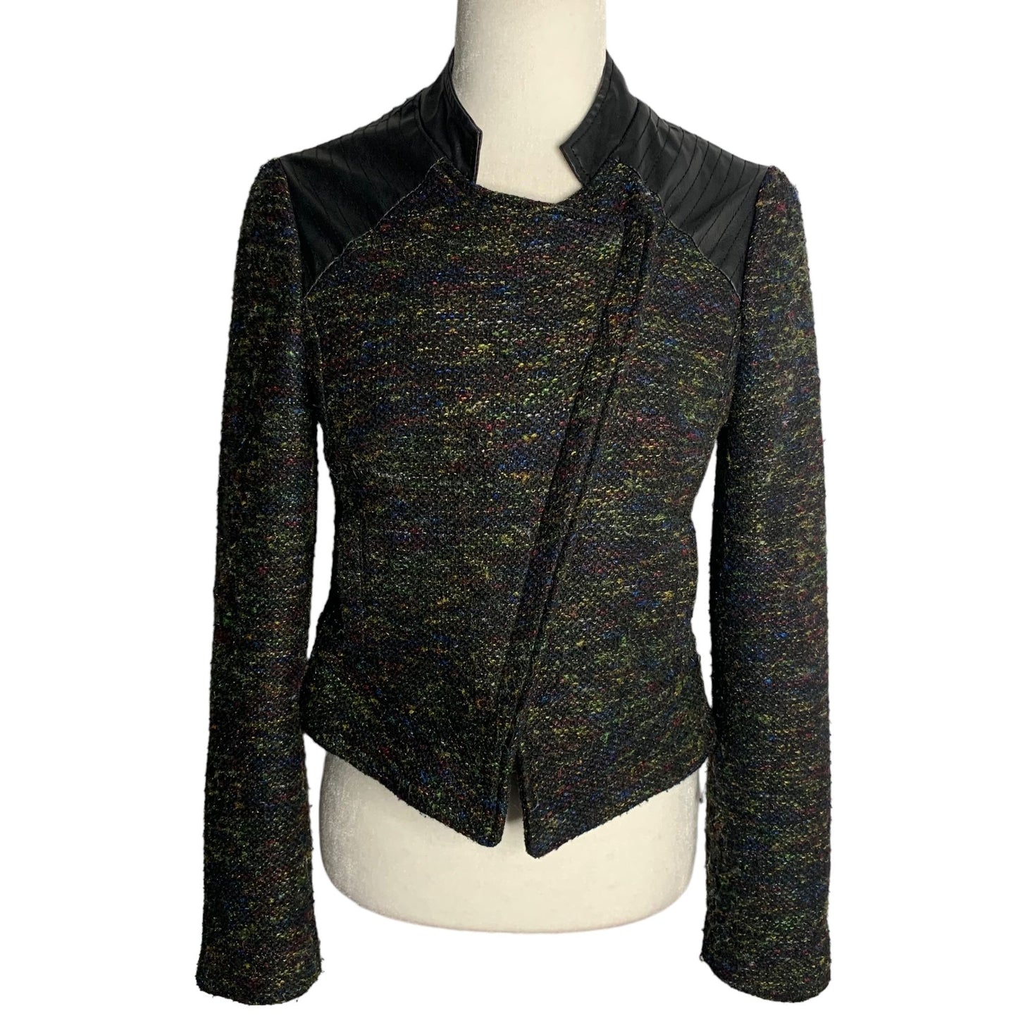 Willow & Clay Boucle Moto Jacket S Black Faux Leather Pockets Asymmetrical Zip