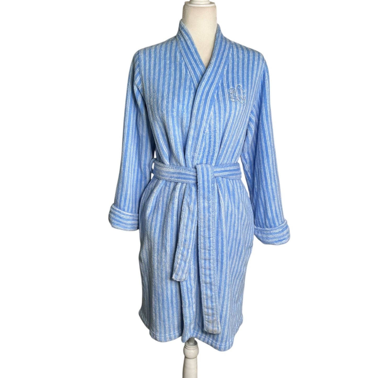 Lauren Ralph Lauren Womens Small Blue White Striped Robe Pockets Tie Belt