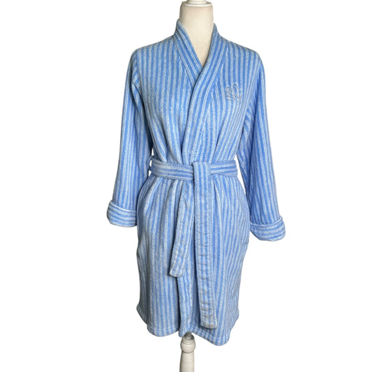 Lauren Ralph Lauren Womens Small Blue White Striped Robe Pockets Tie Belt