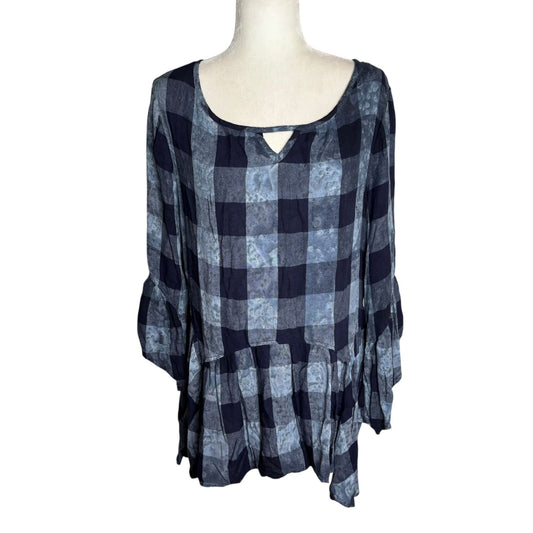 One World Plaid Tunic Top Ruffle Hem Medium Blue Bell Sleeves Keyhole Back