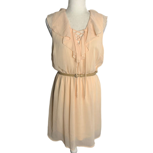 No Boundaries Sleeveless Chiffon Dress XL Blush Peach Belt Lined Lace Up V Neck