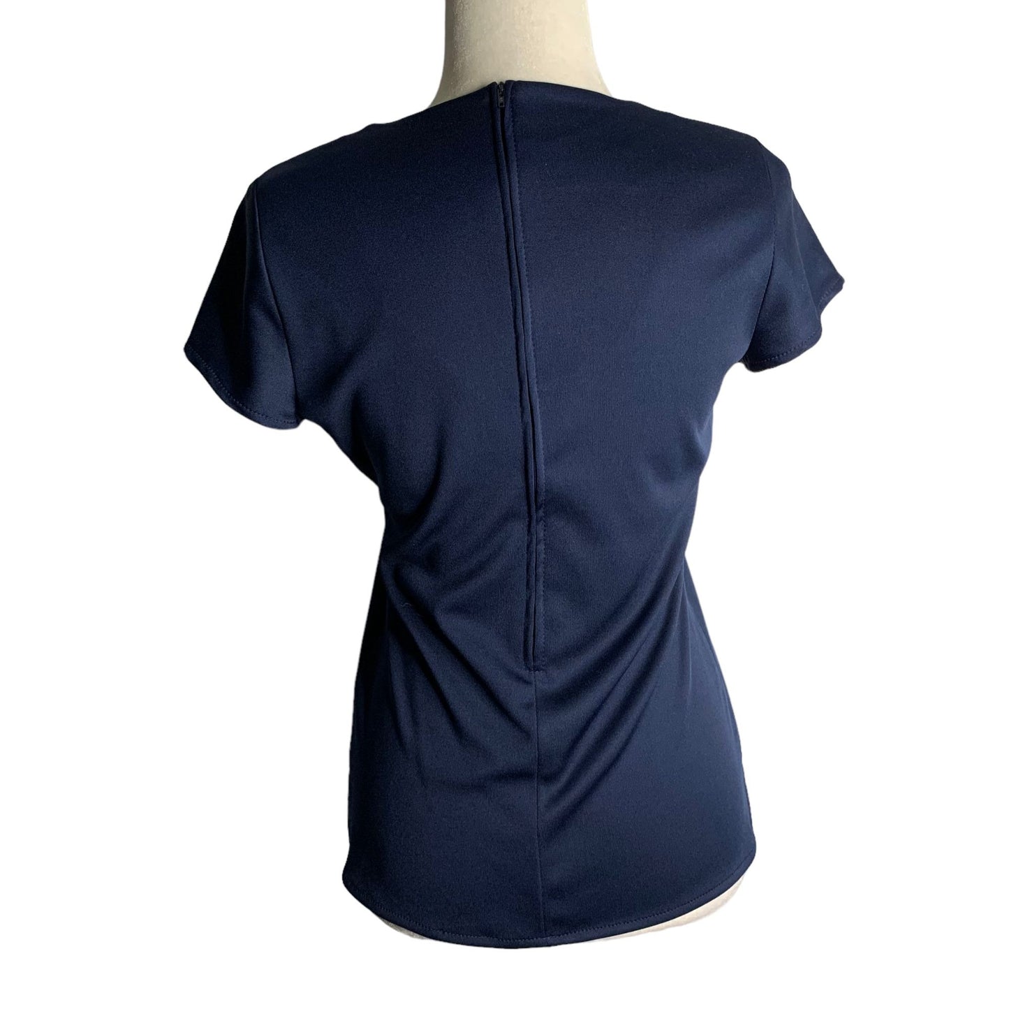 Vintage 80s Rina Stretch Knit Short Sleeve Top S Navy Blue V Neck Back Zipper