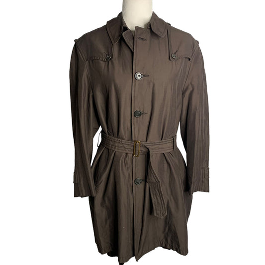 Vintage 70s Womens Rain Trench Coat L Brown Buttons Lined Pockets Belted