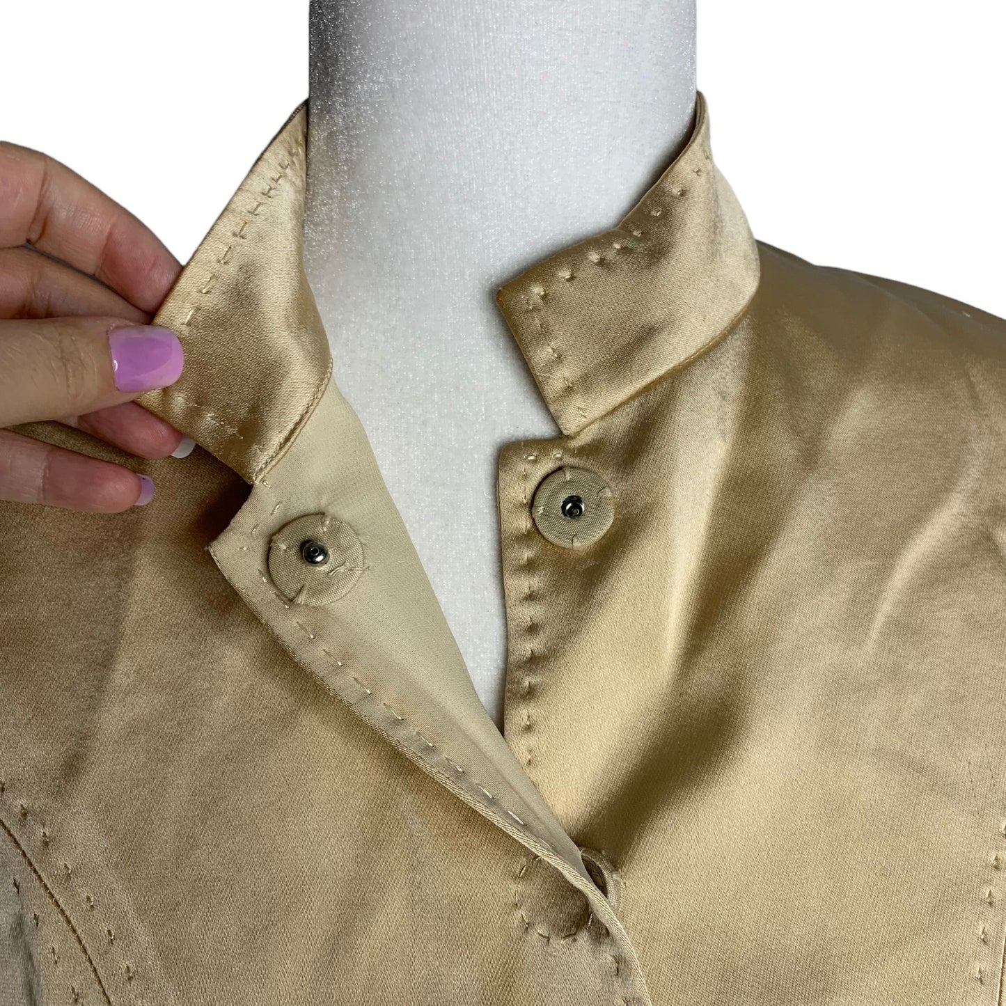 Eccoci Satin Blazer Jacket 4 Gold Snap Front Long Sleeve Lined Exposed Stitching