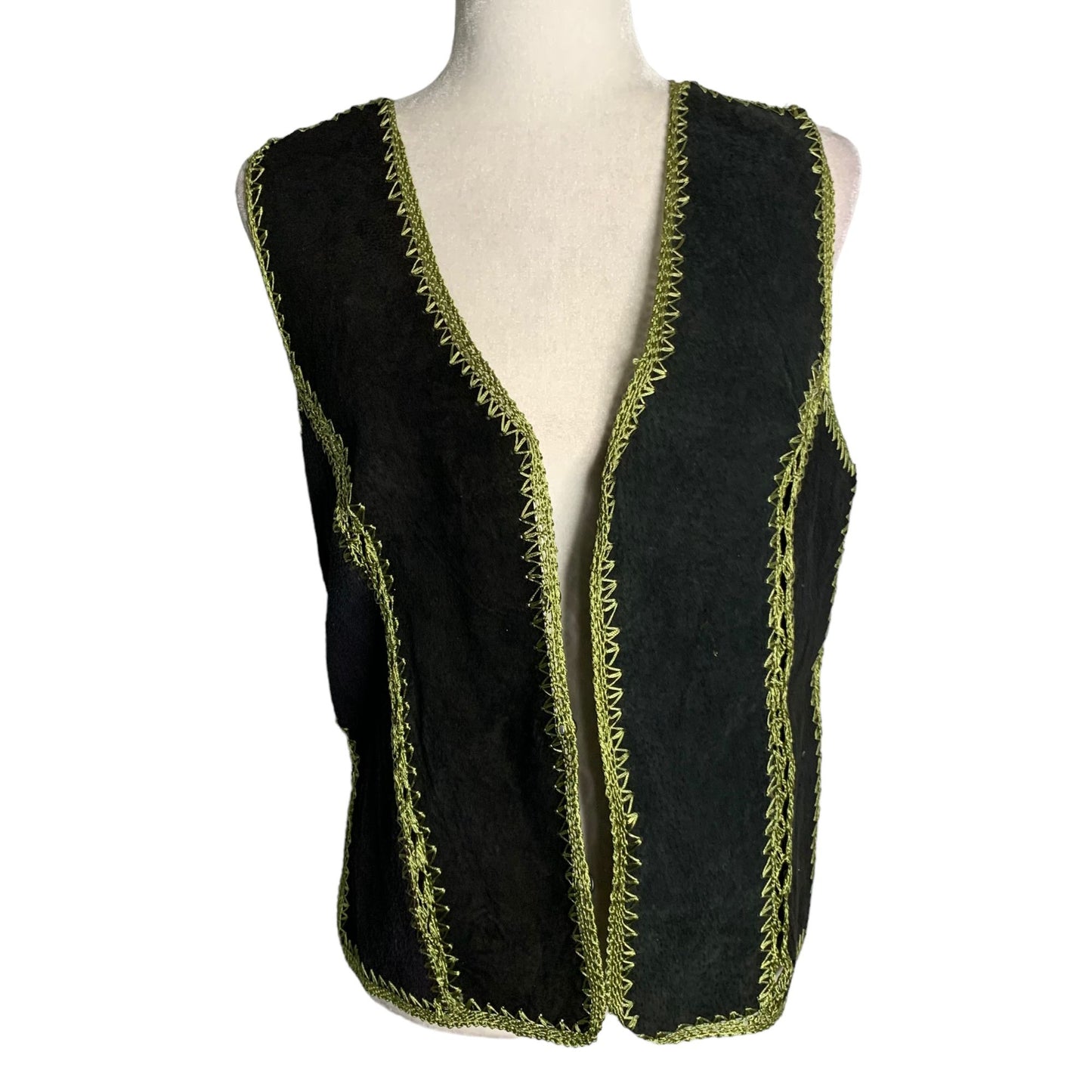 Reversible Crochet Embroidery Leather Vest S Black Floral Button Up Festival