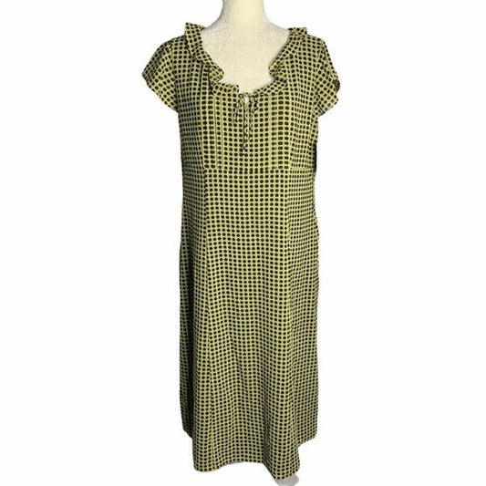 Emma James Polka Dot Midi Dress 14 Green Brown Ruffle Zipper NEW