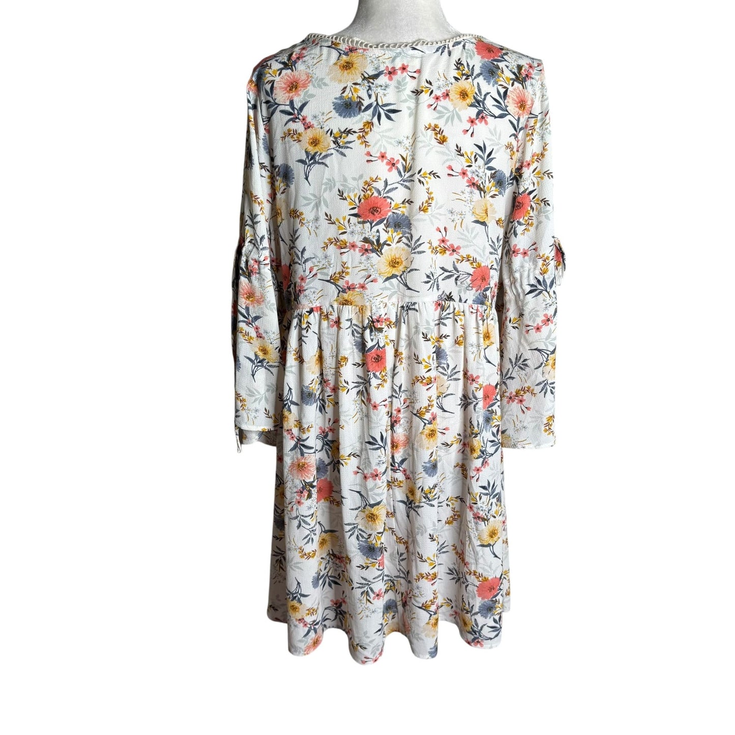 Umgee Floral Boho Long Sleeve V Neck Babydoll Dress Sz Large Cold Shoulder