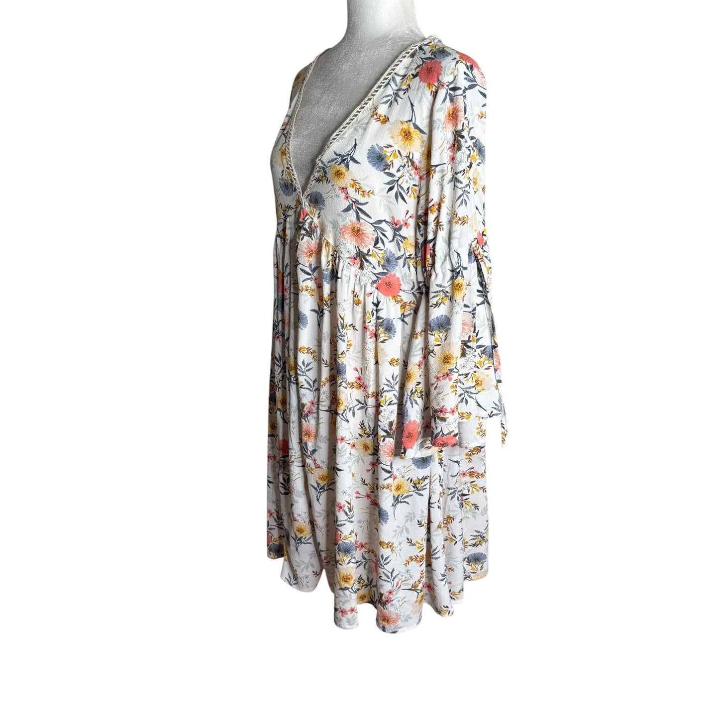 Umgee Floral Boho Long Sleeve V Neck Babydoll Dress Sz Large Cold Shoulder