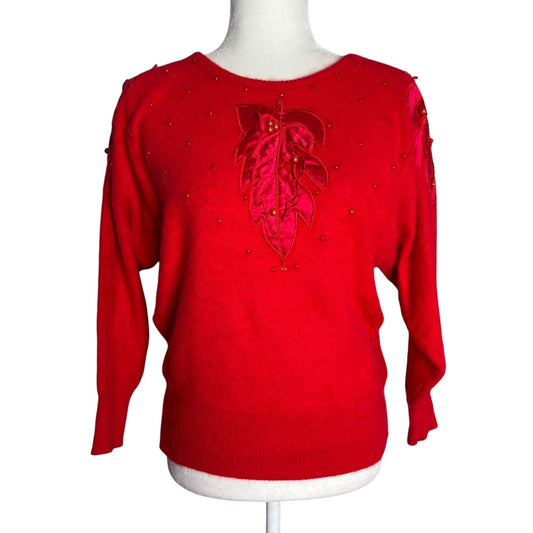 Vintage Fontaine Knit Red Angora Pullover Sweater Beaded Leaf Applique