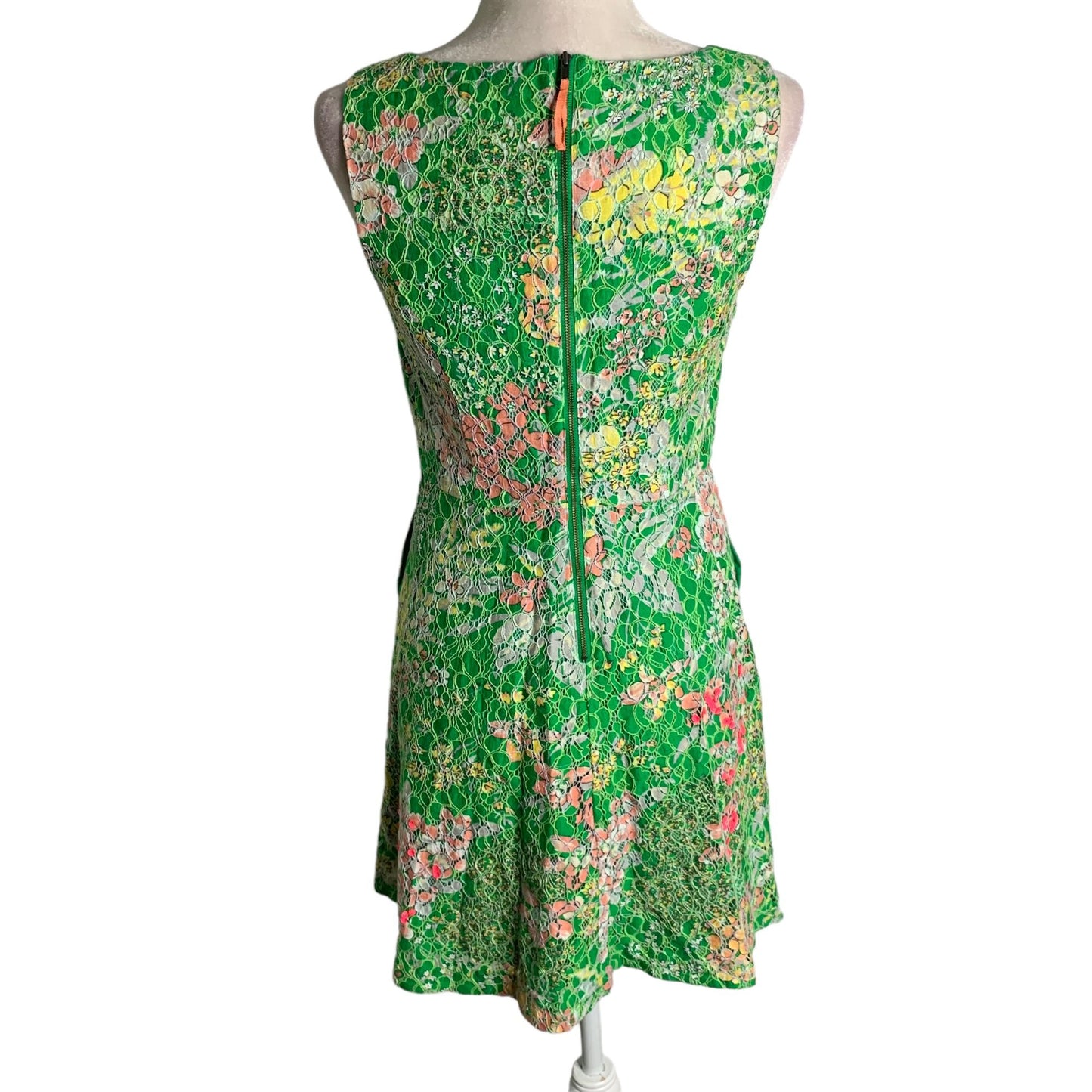 Maeve Anthropologie Lace Sequin Mini Dress 6P Green Floral Pleated Pockets Zip