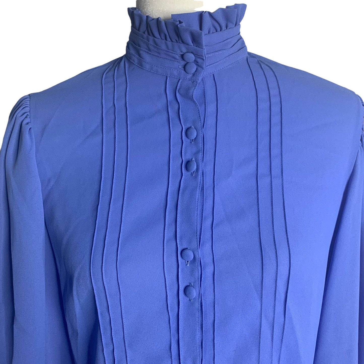 Vintage 80s Josephine Secretary Blouse M Blue Button Down Puff Sleeves