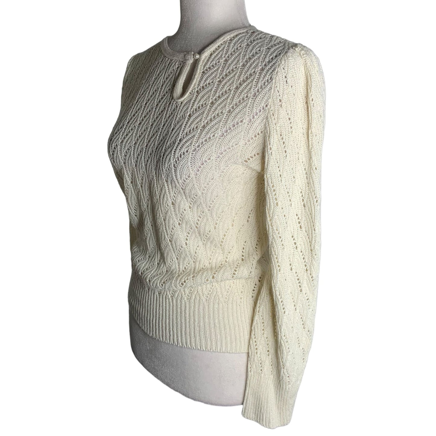 Vintage 70s It's Pure Gould Crochet Knit Sweater S Cream Long Sleeve Key Hole