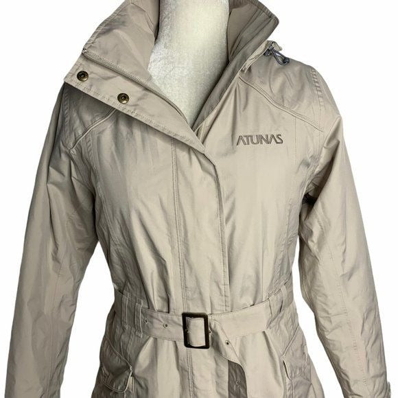 Atunas Long Trench Rain Coat PrimaLoft Liner S Beige Goretex Hood Pockets Belt