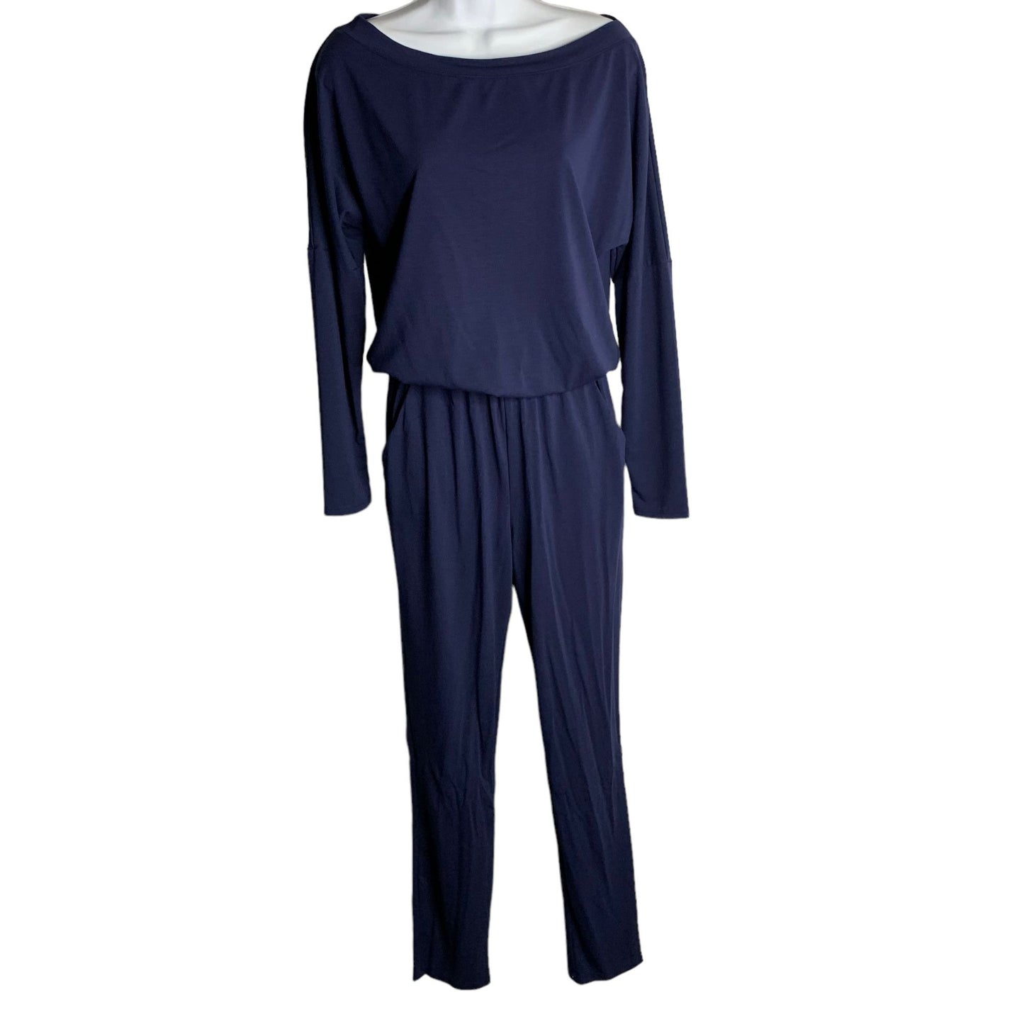 Brittany Humble Off Shoulder Jumpsuit XS Blue Elastic Waist Pockets Long Sleeves