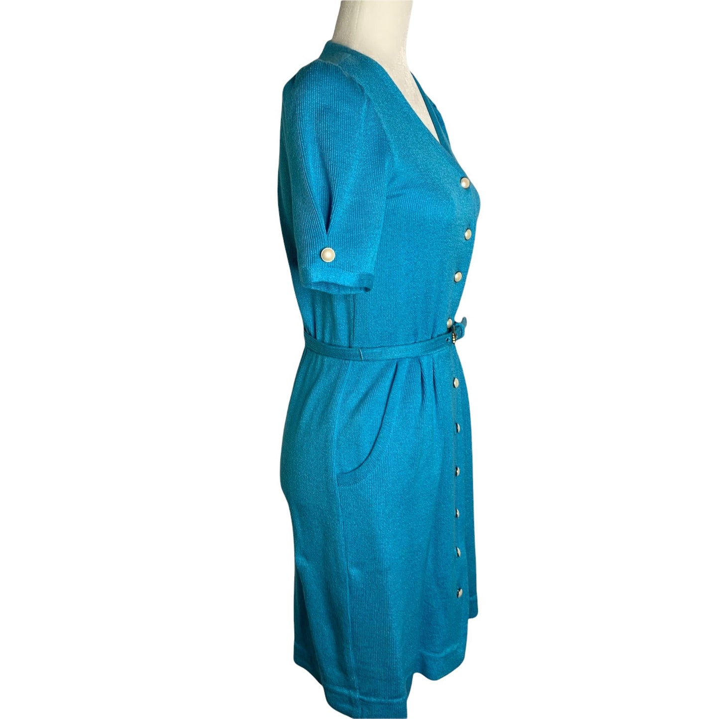 Vintage 70s Leslie Fay Button Down Dress 6 Blue Knit V Neck Belted Union Made