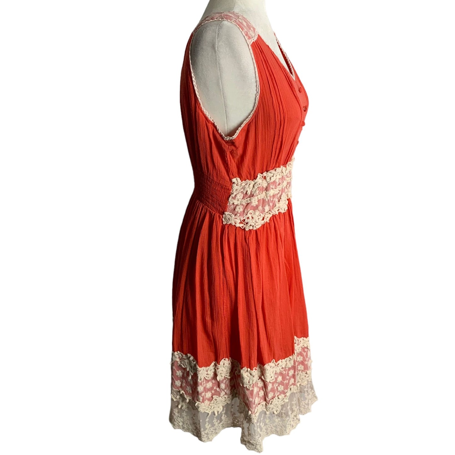 Vasna Fit N Flare Cotton Lace Dress L Coral Orange V Neck Lined Boho Knee Length