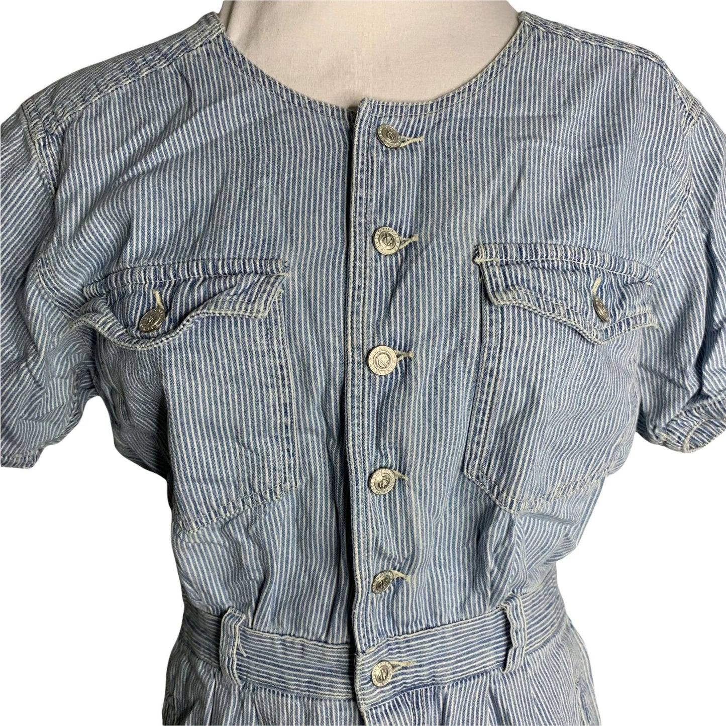 Vintage Gloria Vanderbilt Denim Romper M Blue Striped Buttons Pockets Elastic