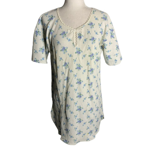 Circa 2000 Waffle Knit Nightgown Sleep Shirt M White Floral Short Sleeve Cotton