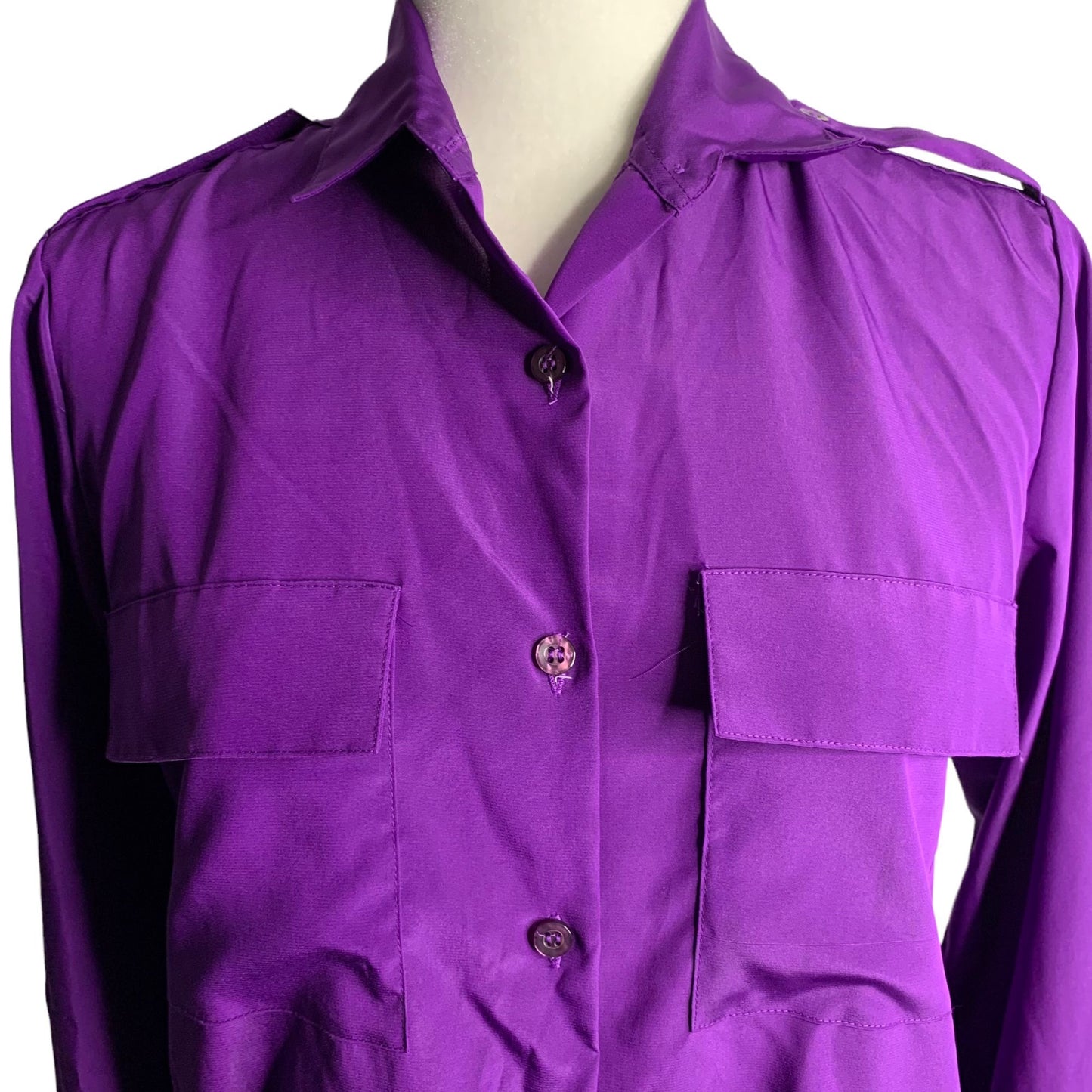 Vintage 90s Silky Button Up Shirt M Purple Pockets Long Sleeve Collared