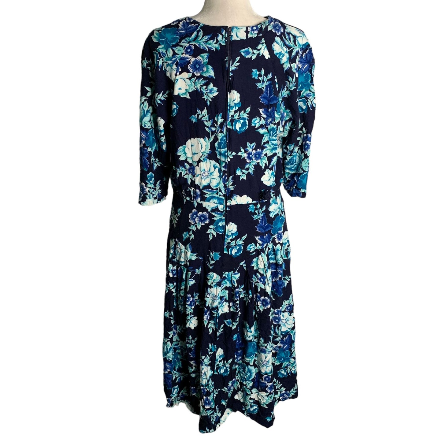 Vintage 80s Betsys Things Midi Dress 16 Blue Floral Dolman Sleeve Zip Belt Loops