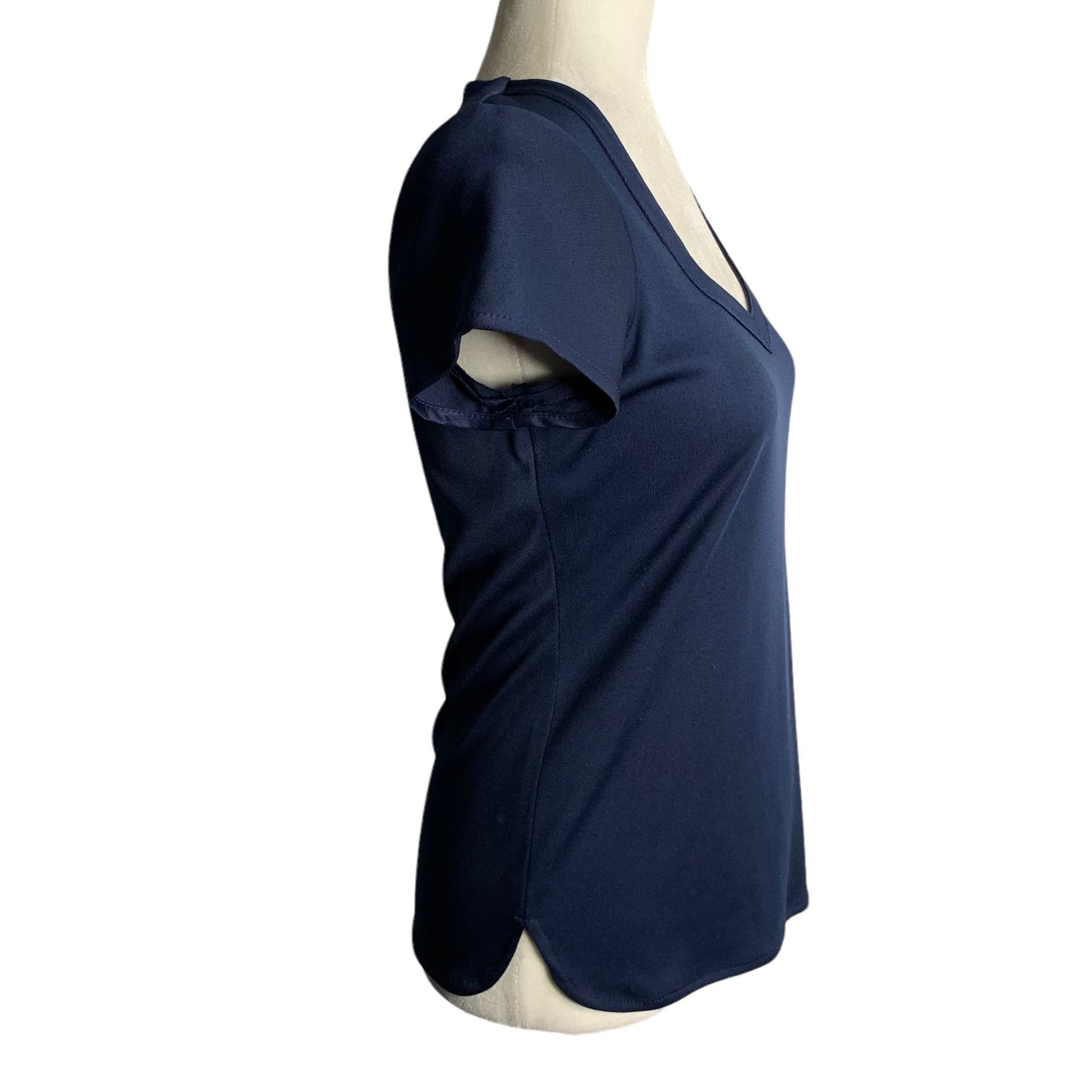 Vintage 80s Rina Stretch Knit Short Sleeve Top S Navy Blue V Neck Back Zipper