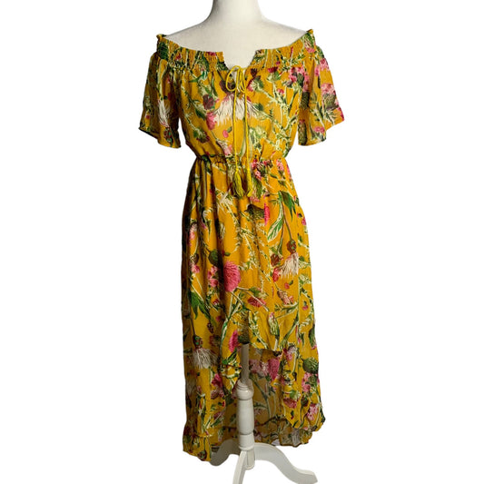 Boohoo Off the Shoulder Midi Dress 6 Yellow Floral High Low Hem Elastic Waist