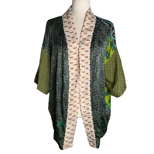 Silk Open Front Short Kimono One Size Multicolored Floral Patchwork Cardigan