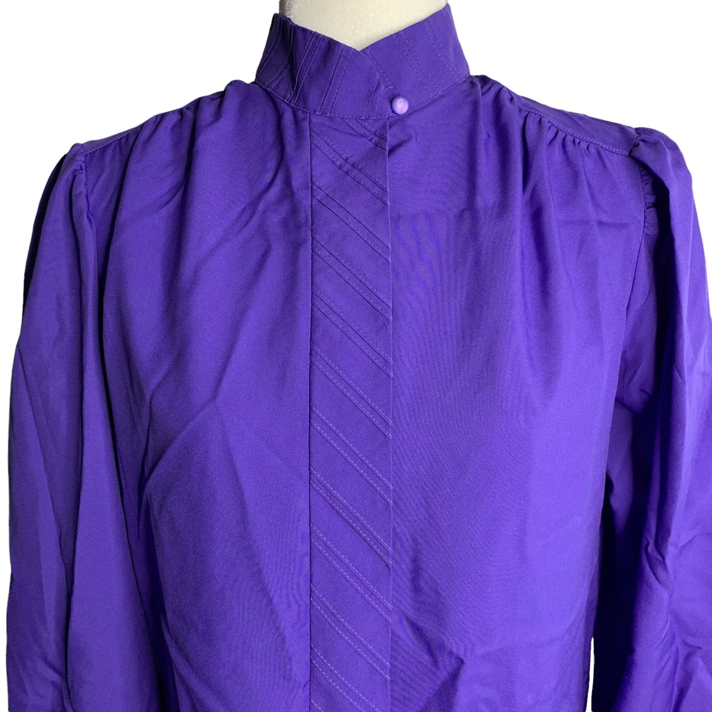 Vintage 80s Donnkenny Secretary Blouse M Purple Hidden Buttons High Neck