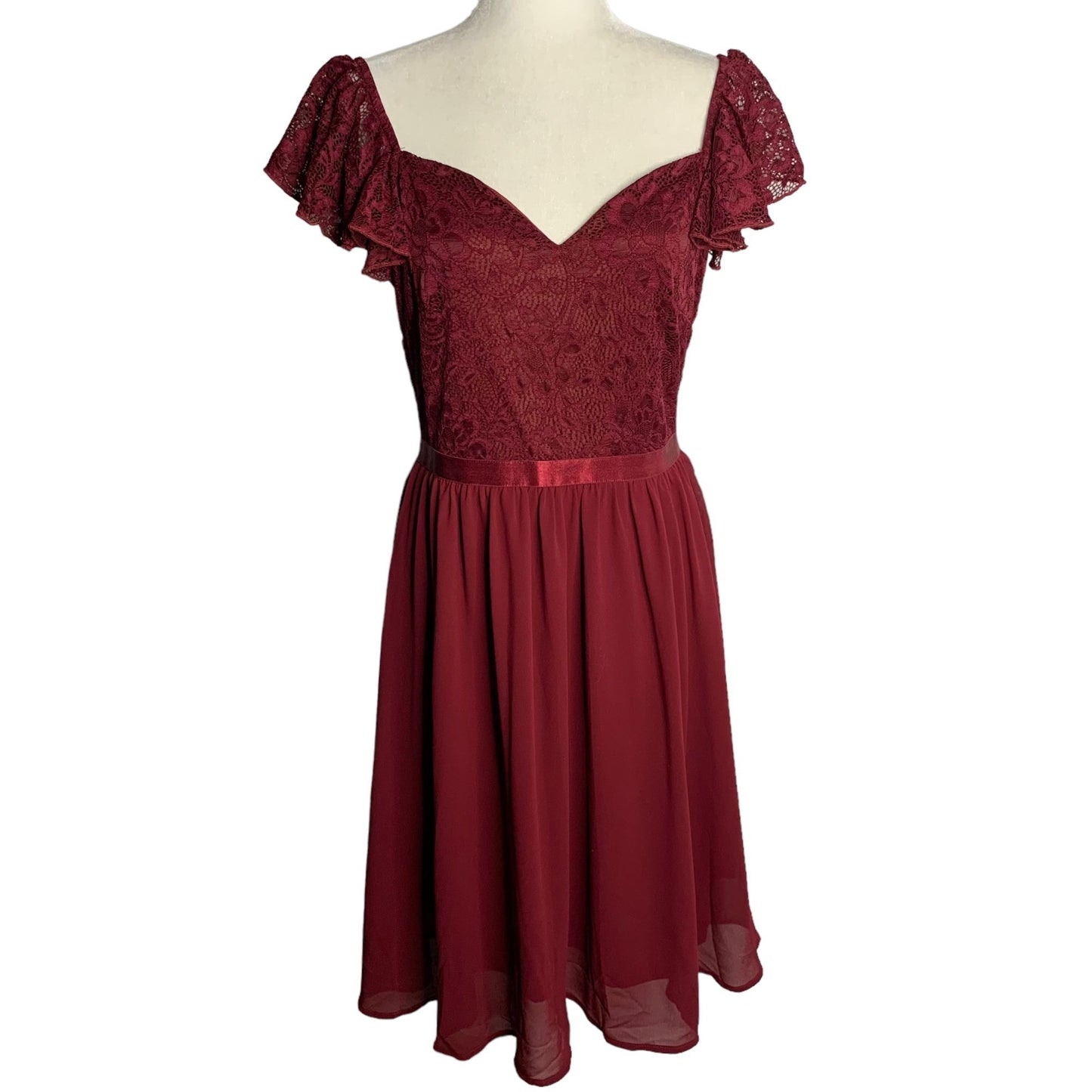 MissMay Retro Lace Chiffon Swing Dress L Wine Red Flutter Sleeve Lined Zip NEW