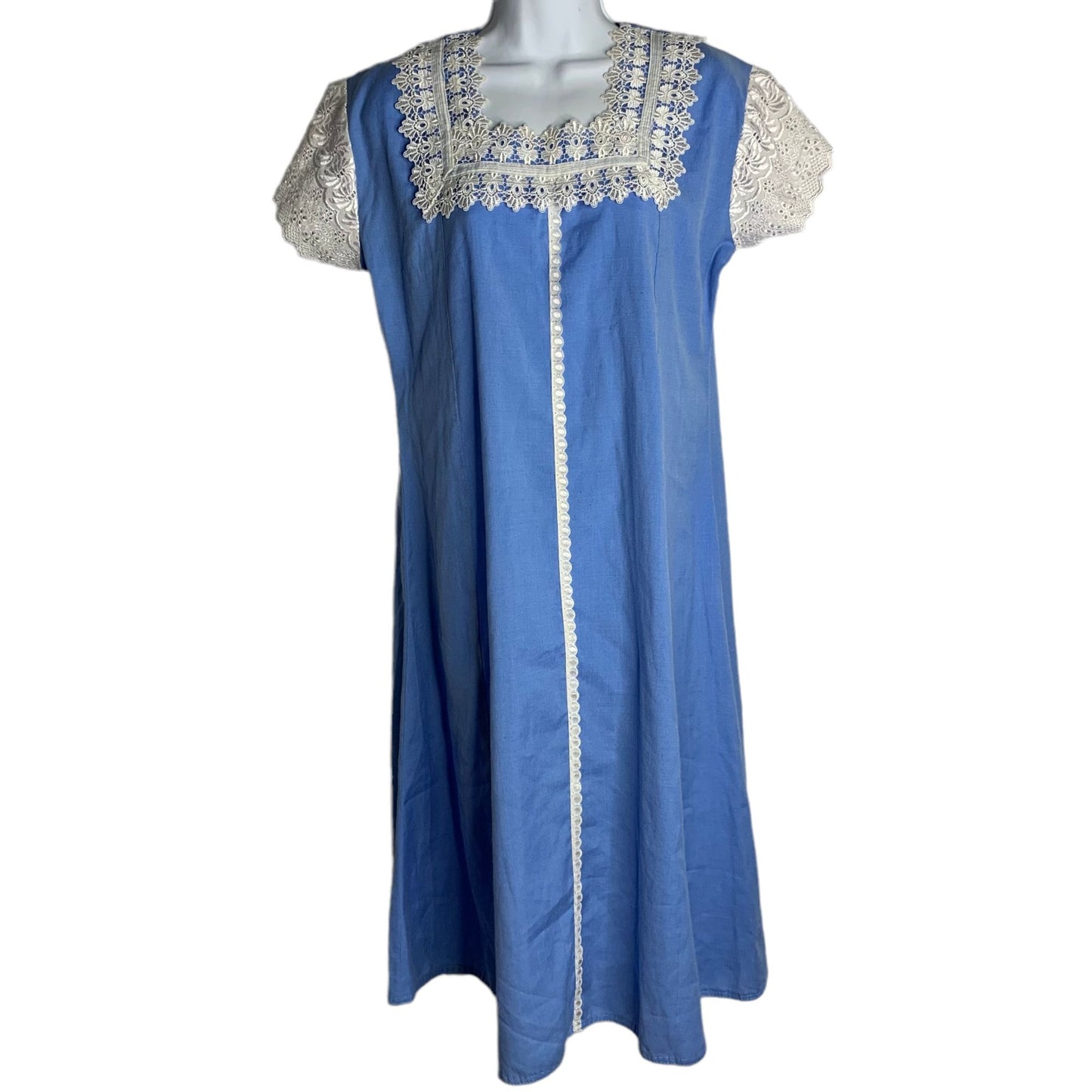 Vintage 70s Handmade Maxi Dress L Blue Eyelet Lace Sleeves Square Neck Boho