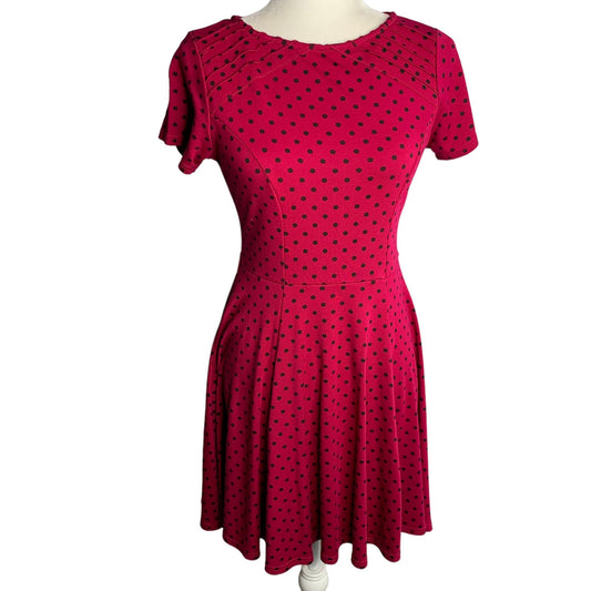 Unique Vintage Retro Swing Dress M Fuchsia Polka Dot Pleated Zip Stretch Knit