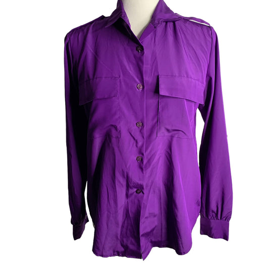 Vintage 90s Silky Button Up Shirt M Purple Pockets Long Sleeve Collared