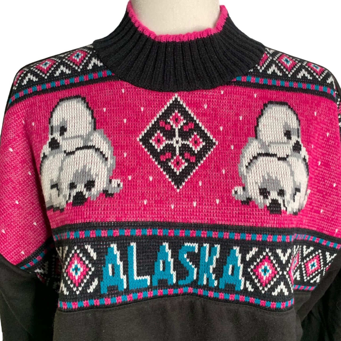 Vintage 90s Mock Neck Alaska Sweatshirt L Black Knit Seals Pullover Fleece USA